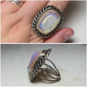 PJC 925 Sterling Silver Opalescent Druzy Gemstone Ring Size 9 Vintage Jewelry